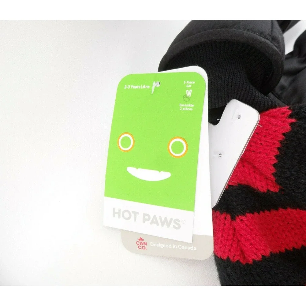 Kids Winter Hat & Ski‎ Mittens Hot Paws Brand Cold Weather Gloves Red Black